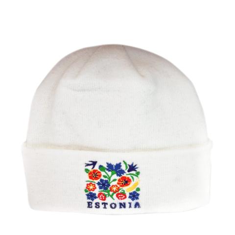 Kootud müts lilledega - valge
